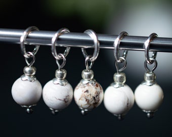 Set of 5 Howlite Natural Stone Stitch Markers | Hand Made | Stitch Markers, Progress Keepers, Knitting and Crochet Notions