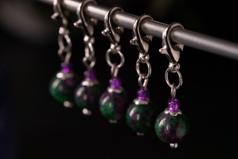 Set of 5 Ruby Zoisite Stone Stitch Markers Hand Made Stitch Markers, Progress Keepers, Knitting and Crochet Notions image 6