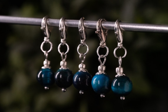 Set of 5 Blue Tigers Eye Stitch Markers | Hand Made | Stitch Markers, Progress Keepers, Knitting and Crochet Notions