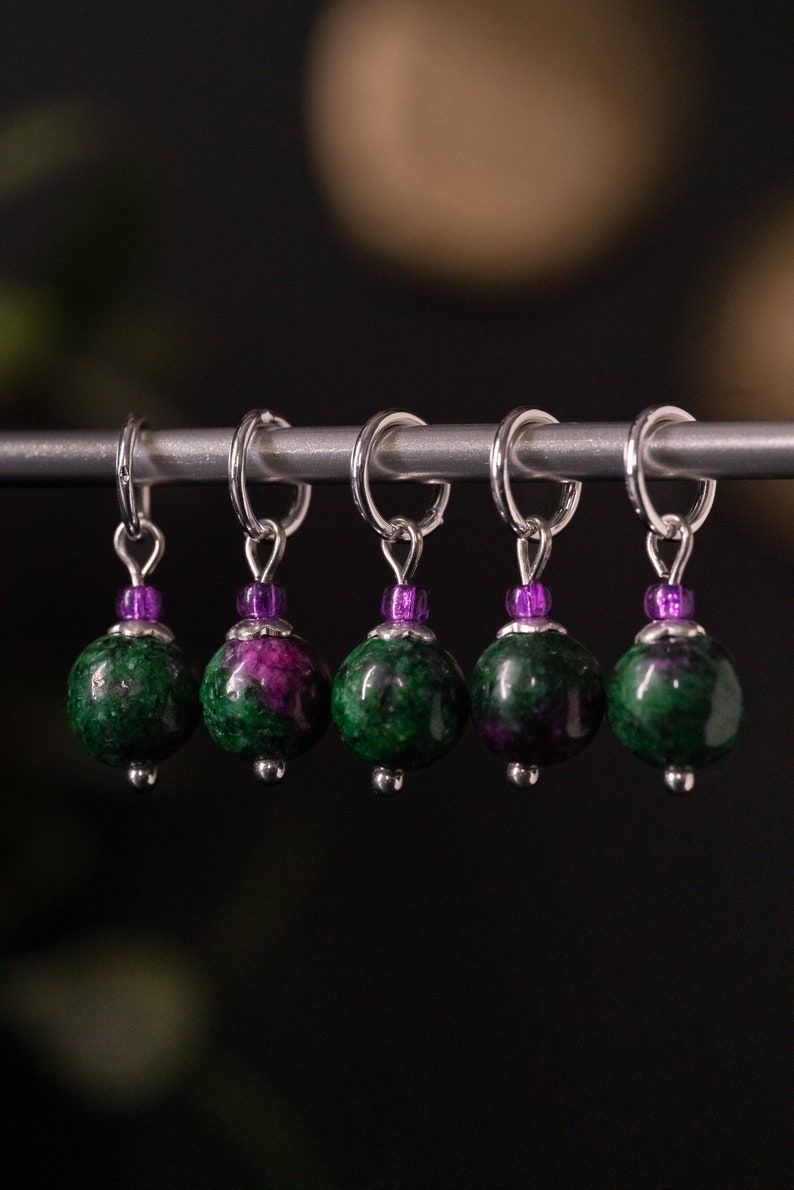 Set of 5 Ruby Zoisite Stone Stitch Markers Hand Made Stitch Markers, Progress Keepers, Knitting and Crochet Notions image 4