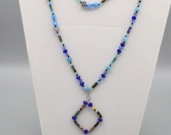 Long blue necklace, colored blue necklace,  necklace & earrings set, crystal glass blue necklace, handmade jewelry