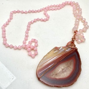Pink long necklace, jade pendant long necklace, pink crystal glass necklace, knotted necklace, gift for her