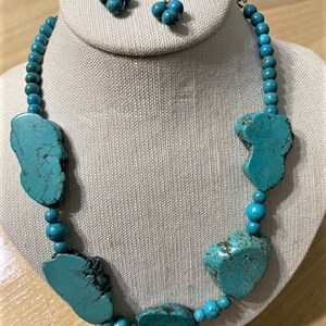 Turquoise necklace and earrings for women, handmade jewelry, blue earrings, blue necklace, long blue earrings,