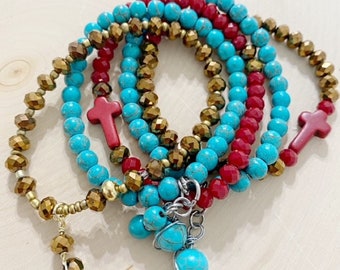 Colored stackable bracelets, boho bracelets for women, blue and gold bracelets, red layered bracelets, turquoise jewelry