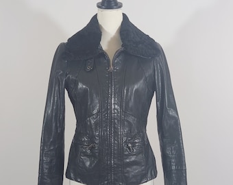 Black leather jacket with removable  shearling collar