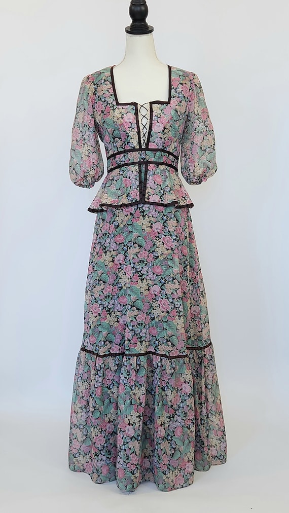 1970s laced front floral maxi dress with peplum