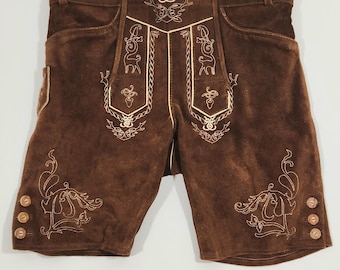 vintage leather lederhosen antler buttons top stitch detail