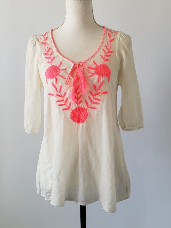vintage embroidered boho gauze blouse - image 3