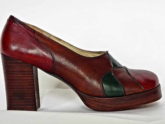 1970s patchwork leather platform with stacked hee… - image 2