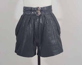 1980s black leather high waisted shorts