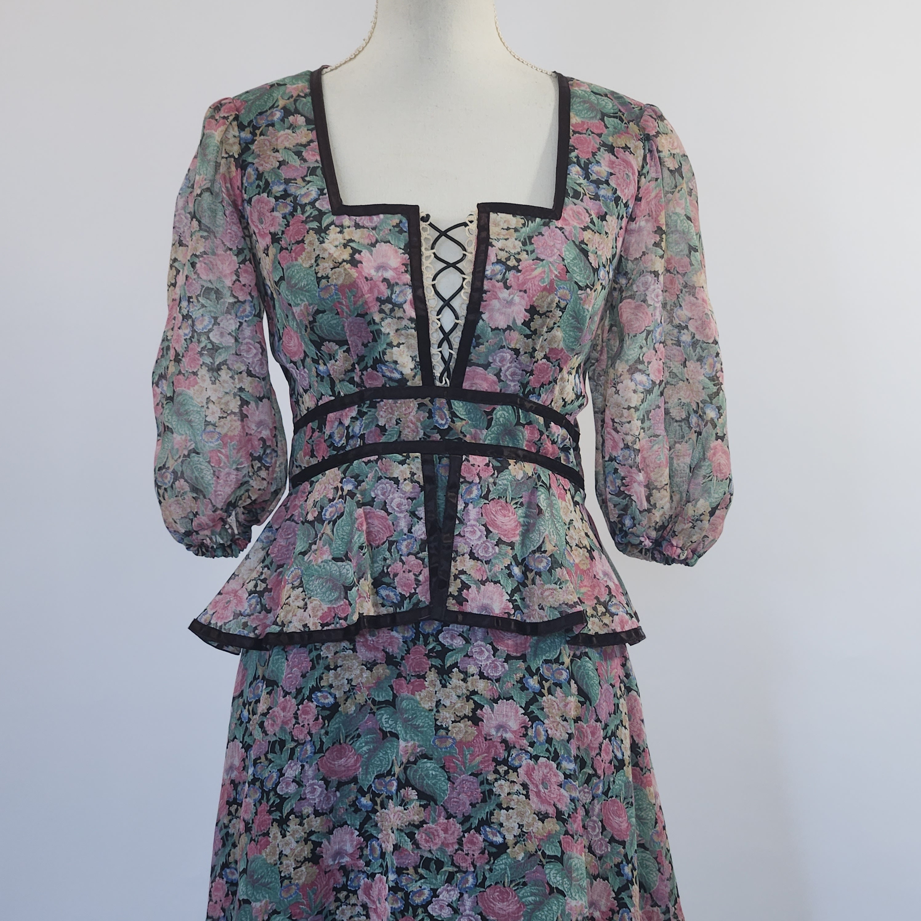 Gorgeous 1970s Floral Cotton Velvet Bodice Maxi Dress by Debenhams