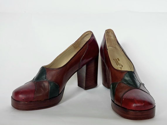 1970s patchwork leather platform with stacked hee… - image 3