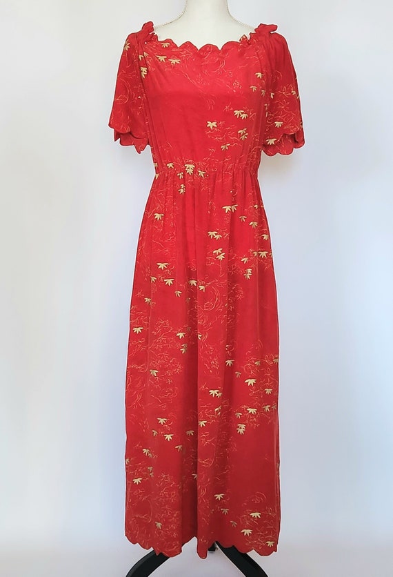 1940s dress siren red silk with scalloped hem