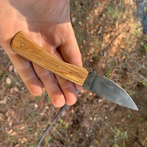 May include: A small, folding knife with a wooden handle and a silver blade. The handle is light brown with two brass rivets. The blade is curved and pointed. The knife is held in a hand.