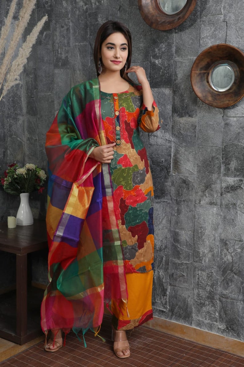 Designer Printing and Hand Work Kurti Palazzo Dupatta Set For Women /& Girls||Designer Dresses||Designer Kurti Set||Kurti Dupatta Set||kurtis