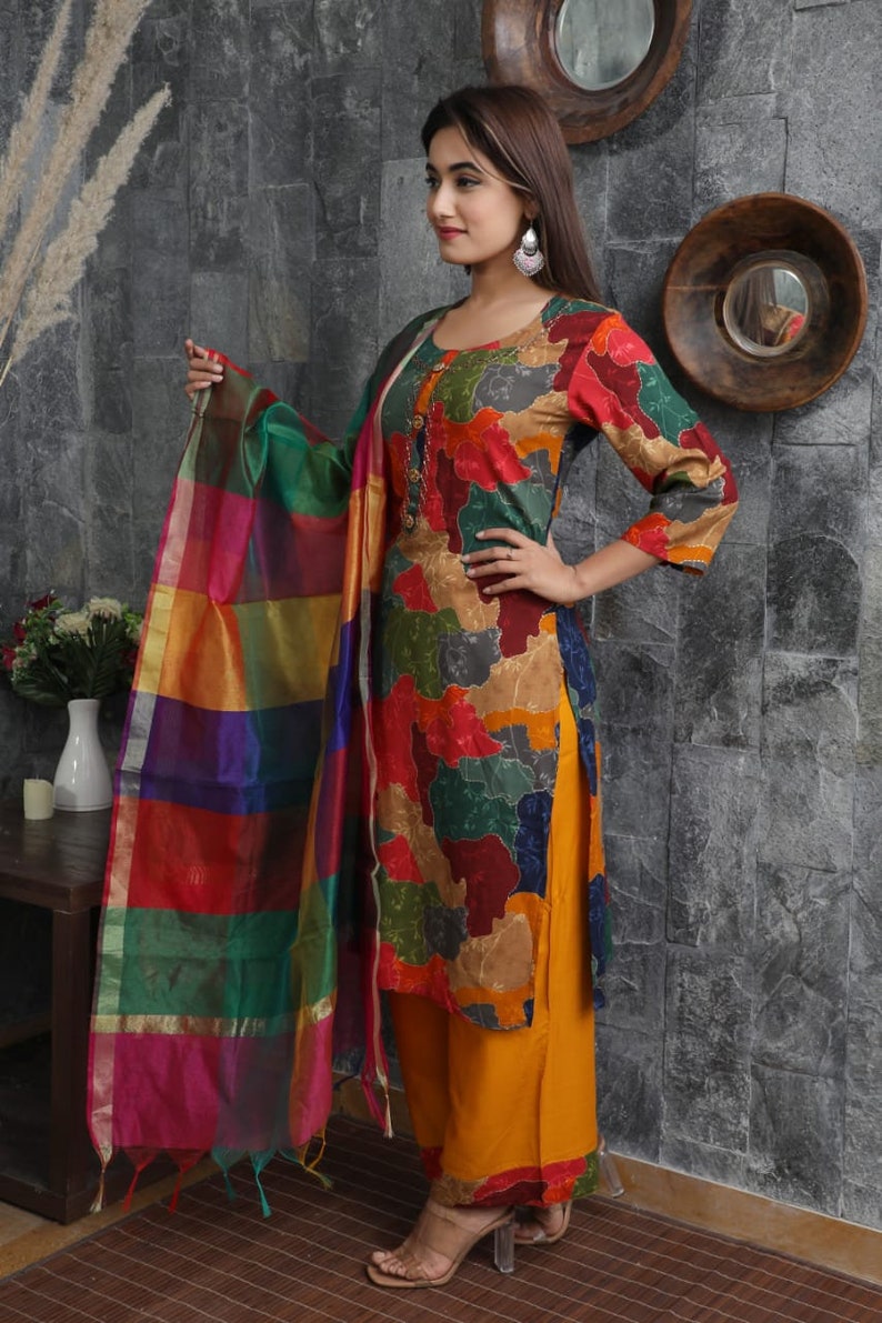 Designer Printing and Hand Work Kurti Palazzo Dupatta Set For Women /& Girls||Designer Dresses||Designer Kurti Set||Kurti Dupatta Set||kurtis