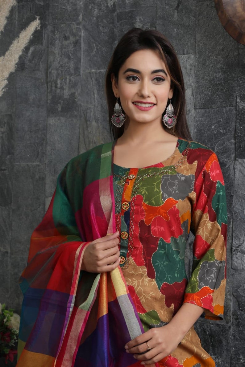 Designer Printing and Hand Work Kurti Palazzo Dupatta Set For Women /& Girls||Designer Dresses||Designer Kurti Set||Kurti Dupatta Set||kurtis