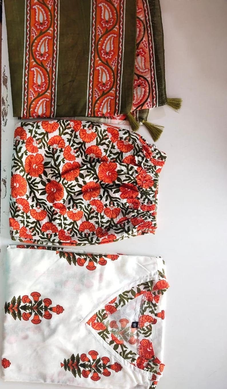 |Designer Dresses||Designer Kurti Set||Kurti Dupatta Set||Free Shipping Designer Printed Cotton Kurti Pant Dupatta Set For Women And Girls