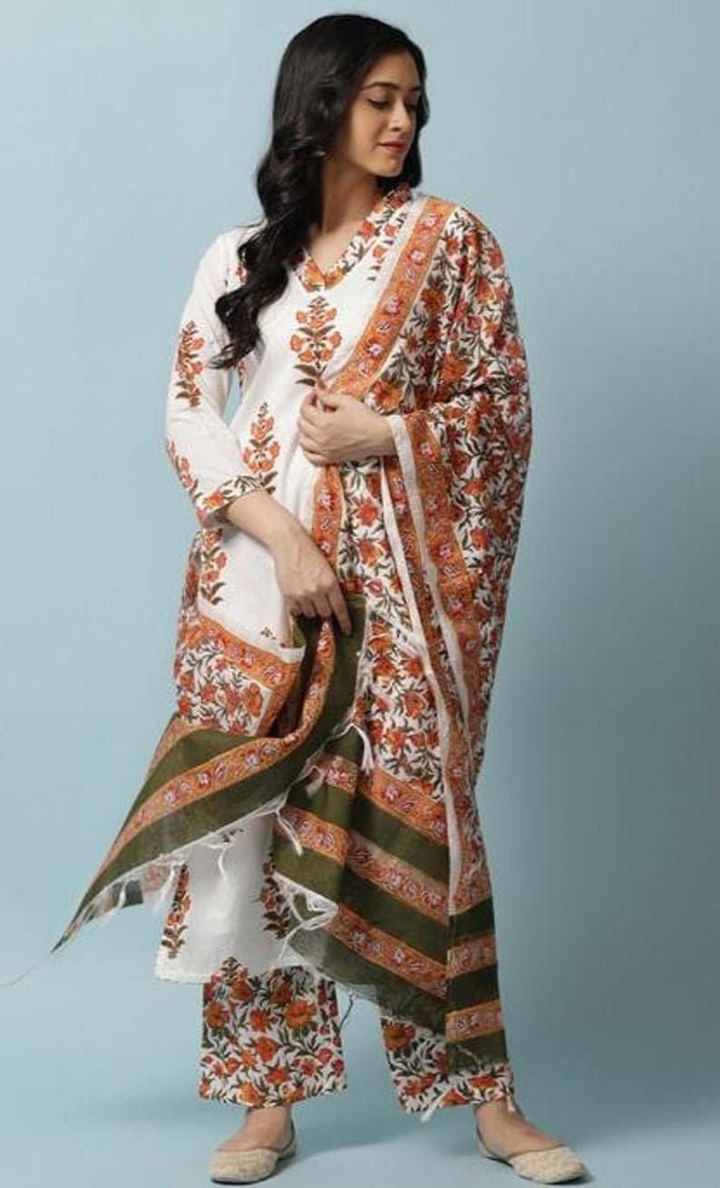 |Designer Dresses||Designer Kurti Set||Kurti Dupatta Set||Free Shipping Designer Printed Cotton Kurti Pant Dupatta Set For Women And Girls