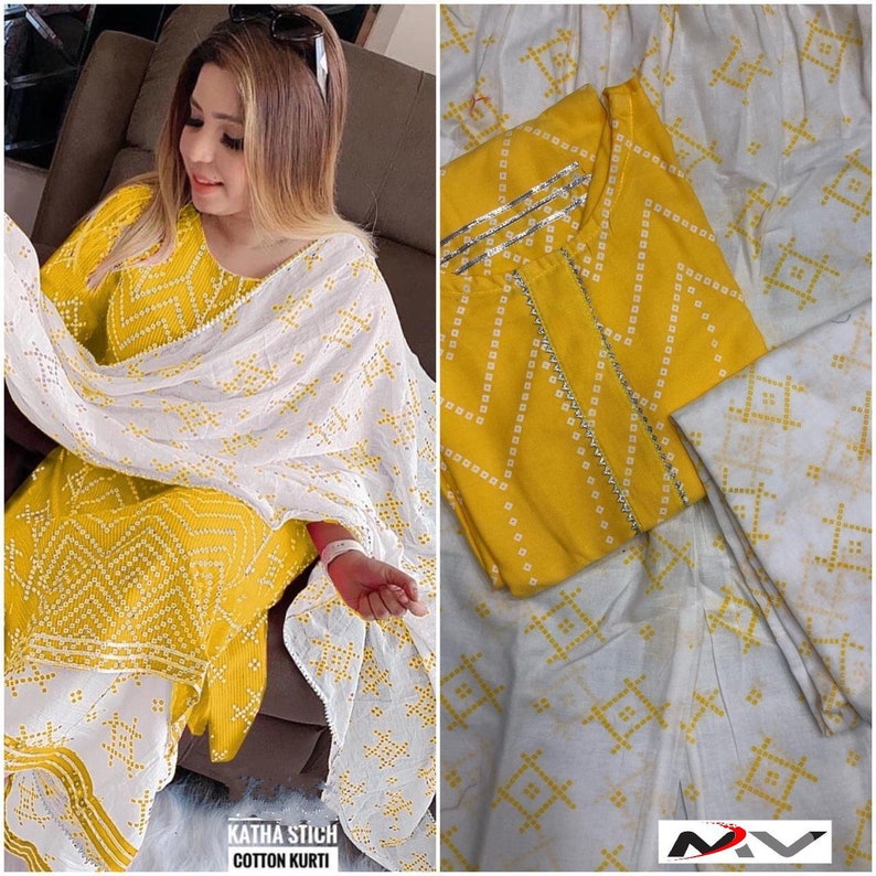 Designer Printed Gotta Lace Kurti Palazzo and Dupatta Set For Women /&Girls||Designer Kurti set||Kurti Palazzo Set||Kurti Dupatta Set||Kurtis