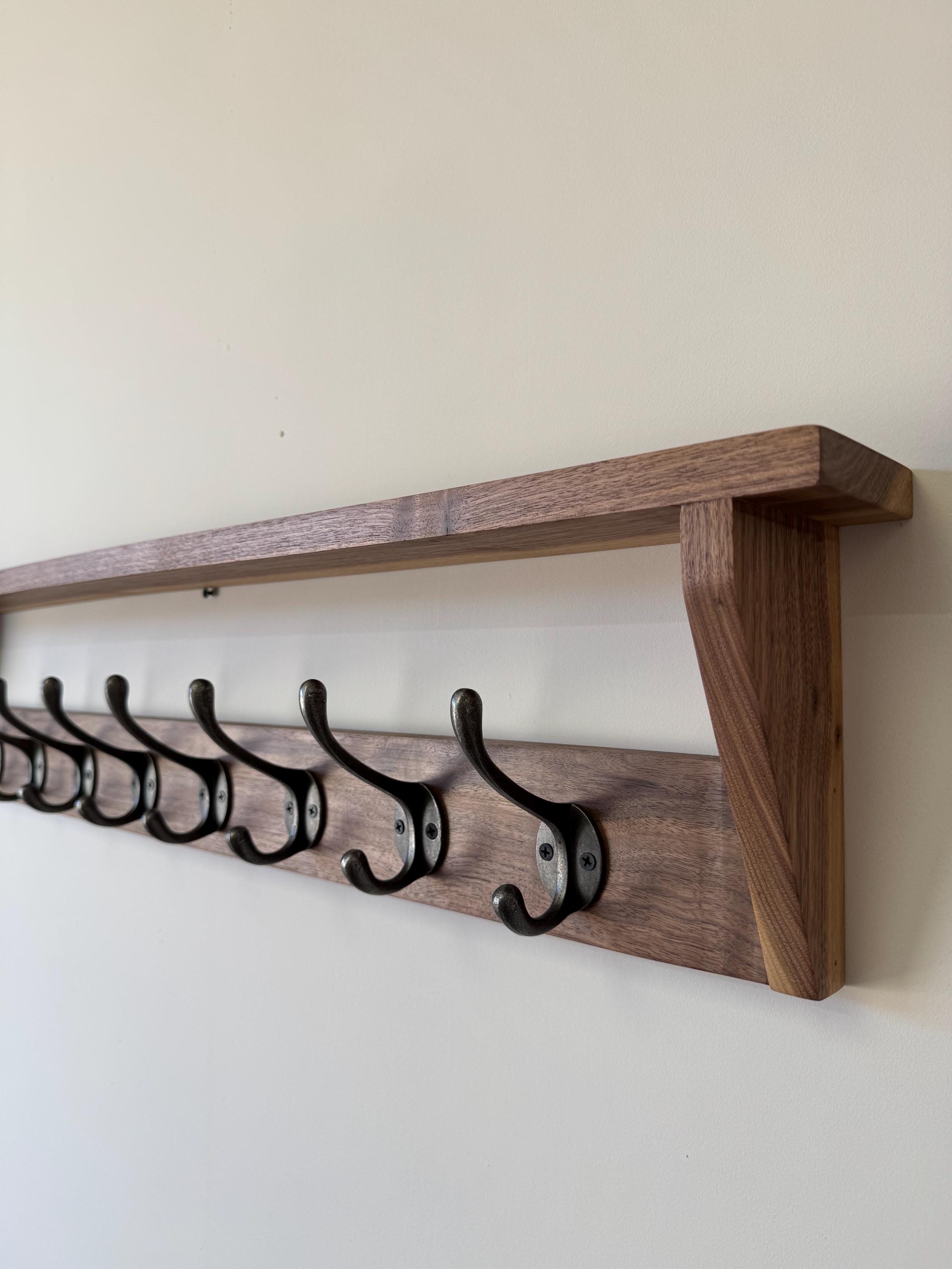 Handmade French Grey & Dark Oak Coat Rack With Shelf – 6 Black Double Hooks – Wall Mounted