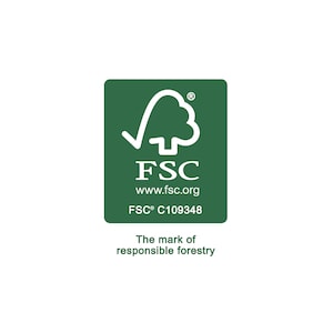 May include: Green square label with a white checkmark inside a tree shape. The text "FSC" is below the tree, followed by "www.fsc.org". Below that is "FSC&reg; C109348". The text "The mark of responsible forestry" is below the square.