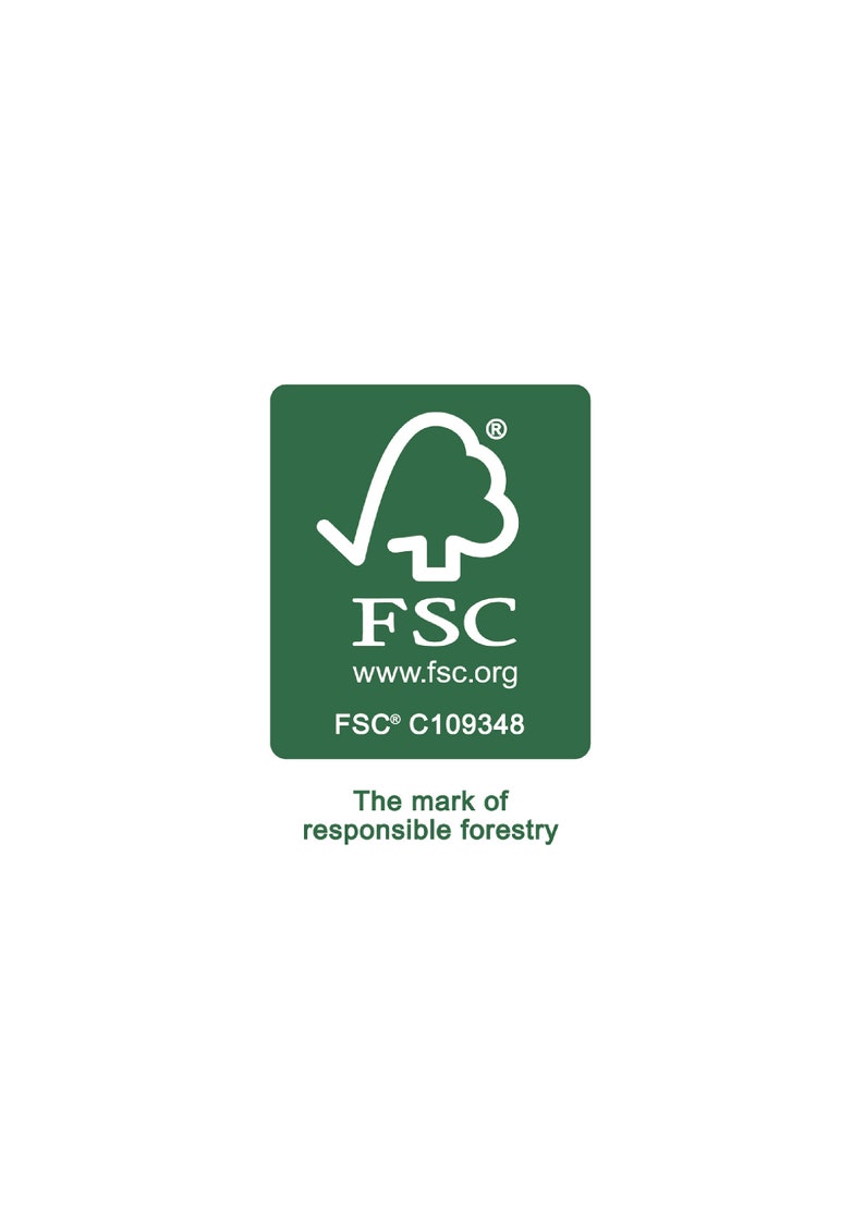 May include: Green square label with a white checkmark inside a tree shape. The text "FSC" is below the tree, followed by "www.fsc.org". Below that is "FSC&reg; C109348". The text "The mark of responsible forestry" is below the square.