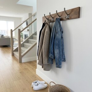 Solid Walnut Coat Rack: Cast Iron Hooks, Wall Mounted Entryway Storage