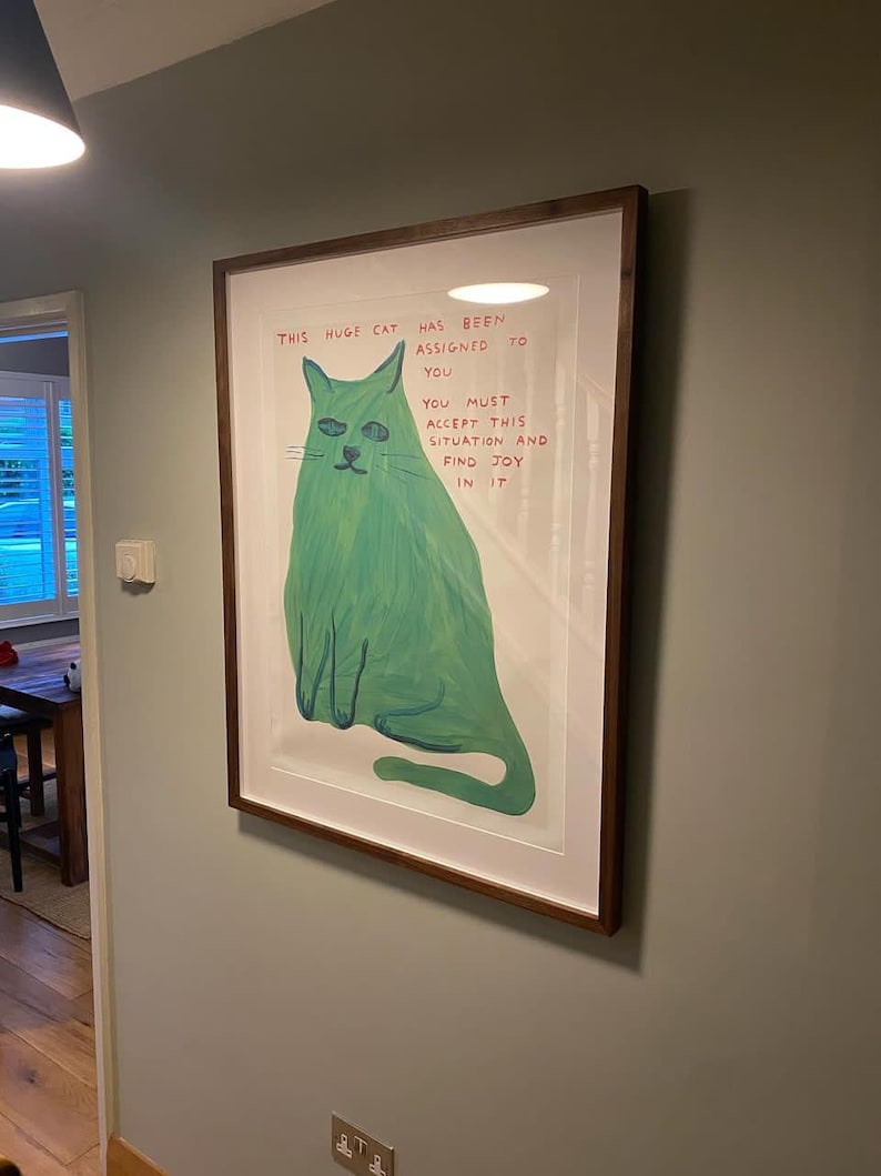 May include: A framed art print featuring a large green cat illustration. The artwork includes text that reads "THIS HUGE CAT HAS BEEN ASSIGNED TO YOU. YOU MUST ACCEPT THIS SITUATION AND FIND JOY IN IT."