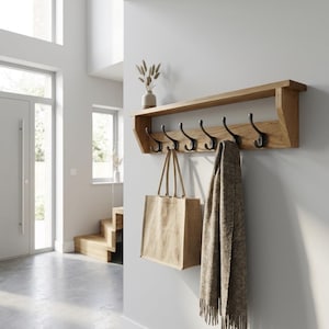 Handmade Solid Oak Coat Rack with Shelf | Cast Iron Hooks