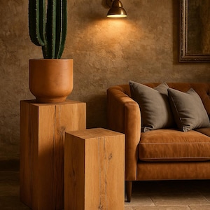 May include: A green cactus in a terracotta pot on a wooden pedestal. Two more wooden pedestals are in the foreground. A brown leather sofa with grey cushions is in the background. A wall sconce and a framed mirror are also visible.