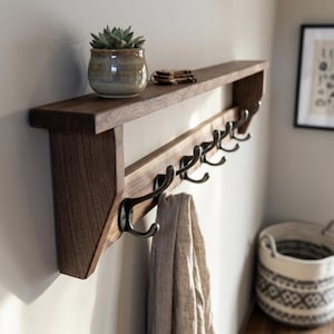 Handmade Solid Walnut Coat Rack With Shelf | Cast Iron Hooks