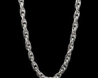 May include: A silver chain necklace with a rope chain design.