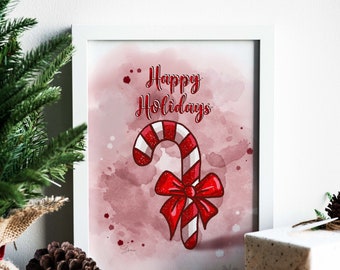 Happy Holiday Wall Art Print | Christmas Mantel Decor | Festive Candy Cane | Free Shipping | Original Illustration Art