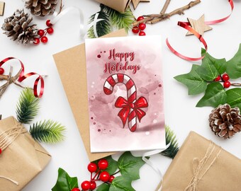 Happy Holidays Christmas Greeting Card | Festive Candy Cane Illustration | Original Art