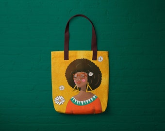 Afro Daisy Tote Bag// African Lady// Wearable Art