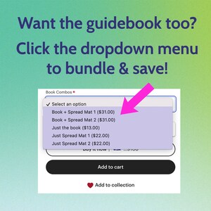 May include: A purple and white dropdown menu with the text "Book Combos*" and "Select an option". The menu lists different options for purchasing a book and a spread mat, including "Book + Spread Mat 1 ($31.00)", "Book + Spread Mat 2 ($31.00)", "Just the book ($13.00)", "Just Spread Mat 1 ($22.00)", and "Just Spread Mat 2 ($22.00)".