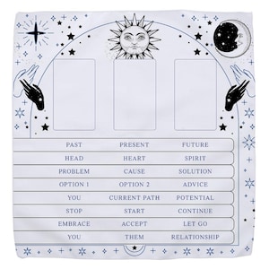 3 Card Tarot Spread Cloth with reading menu, celestial design, gift for tarot readers, card guide, divination tool, deck