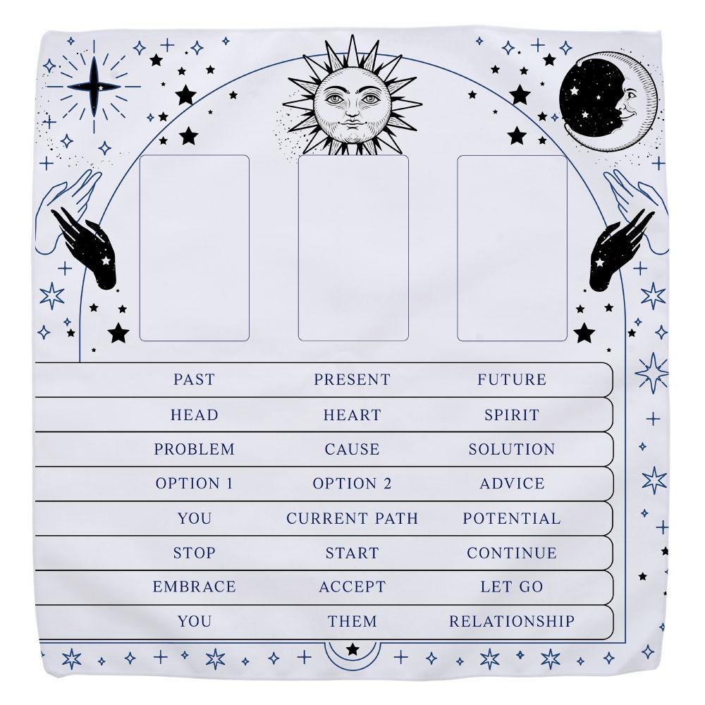 3 Card Tarot Spread Cloth with reading menu, celestial design, gift for tarot readers, card guide, divination tool, deck