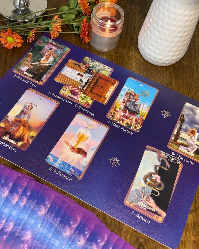 May include: A tarot card spread with ten cards laid out on a purple background. The cards are labeled with numbers and titles, including "Recent Past", "Present You", "Challenge", "Near Future", "Outcome", "Intention", "Influence", and "Advice".
