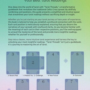 May include: A simplified Celtic Cross tarot spread layout with numbered cards and descriptions for each card position. The spread is on a gradient background of green, blue, and pink.
