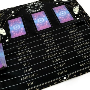 3 Card Tarot Spread Reading Cloth, Table Mat, Altar Cloth, Witchy Gifts for Readers, Witch Decor, Oracle Learning, Divination, Celestial image 3
