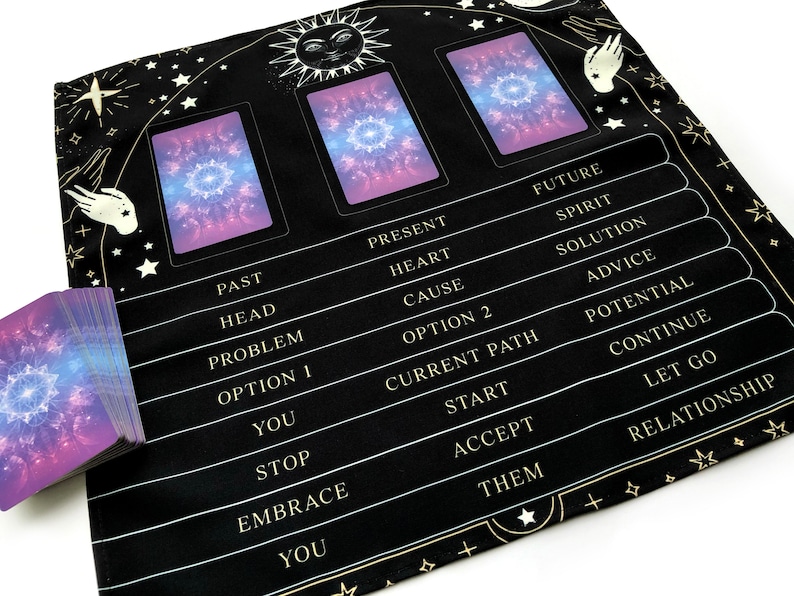 3 Card Tarot Spread Reading Cloth, Table Mat, Altar Cloth, Witchy Gifts for Readers, Witch Decor, Oracle Learning, Divination, Celestial image 3