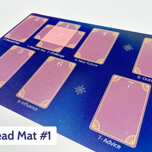 May include: A blue tarot card spread mat with gold accents and stars. The mat has eight numbered spaces for cards, with labels for each space, including "Present You", "Challenge", "Near Future", and "Outcome".
