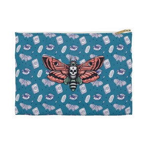 Brightly colored pouch with Death Head Moth design on fun esoteric pattern for tarot deck, crystals, runes, cosmetics, halloween bag