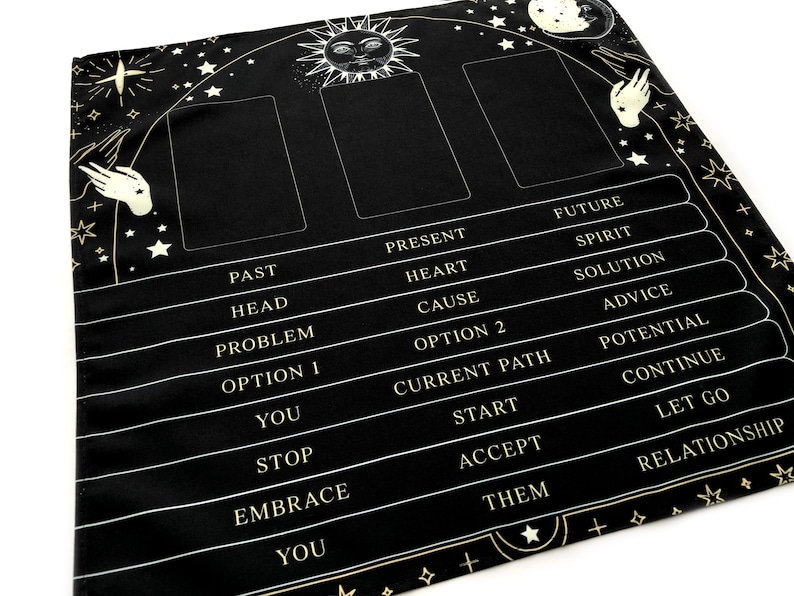3 Card Tarot Spread Reading Cloth, Table Mat, Altar Cloth, Witchy Gifts for Readers, Witch Decor, Oracle Learning, Divination, Celestial image 4