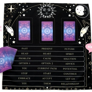 3 Card Tarot Spread Reading Cloth, Table Mat, Altar Cloth, Witchy Gifts for Readers, Witch Decor, Oracle Learning, Divination, Celestial image 2