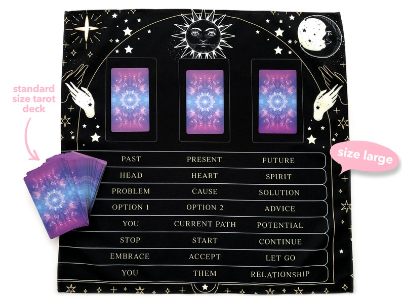 3 Card Tarot Spread Reading Cloth, Table Mat, Altar Cloth, Witchy Gifts for Readers, Witch Decor, Oracle Learning, Divination, Celestial image 2