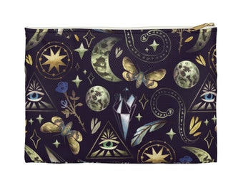 Witchy Magic Tarot & Crystal Bag, makeup case, cosmetic bag, zipper pouch, occult, accessory holder tote travel bag magical bag mystical bag