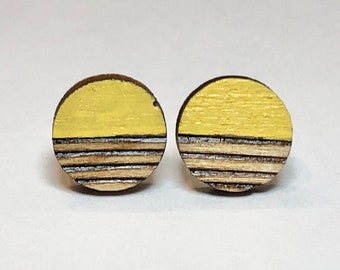 Yellow stud earring, woodburned earring, wooden earrings, minimalist circle earrings, wood burned jewelry gift for women, little girl gift